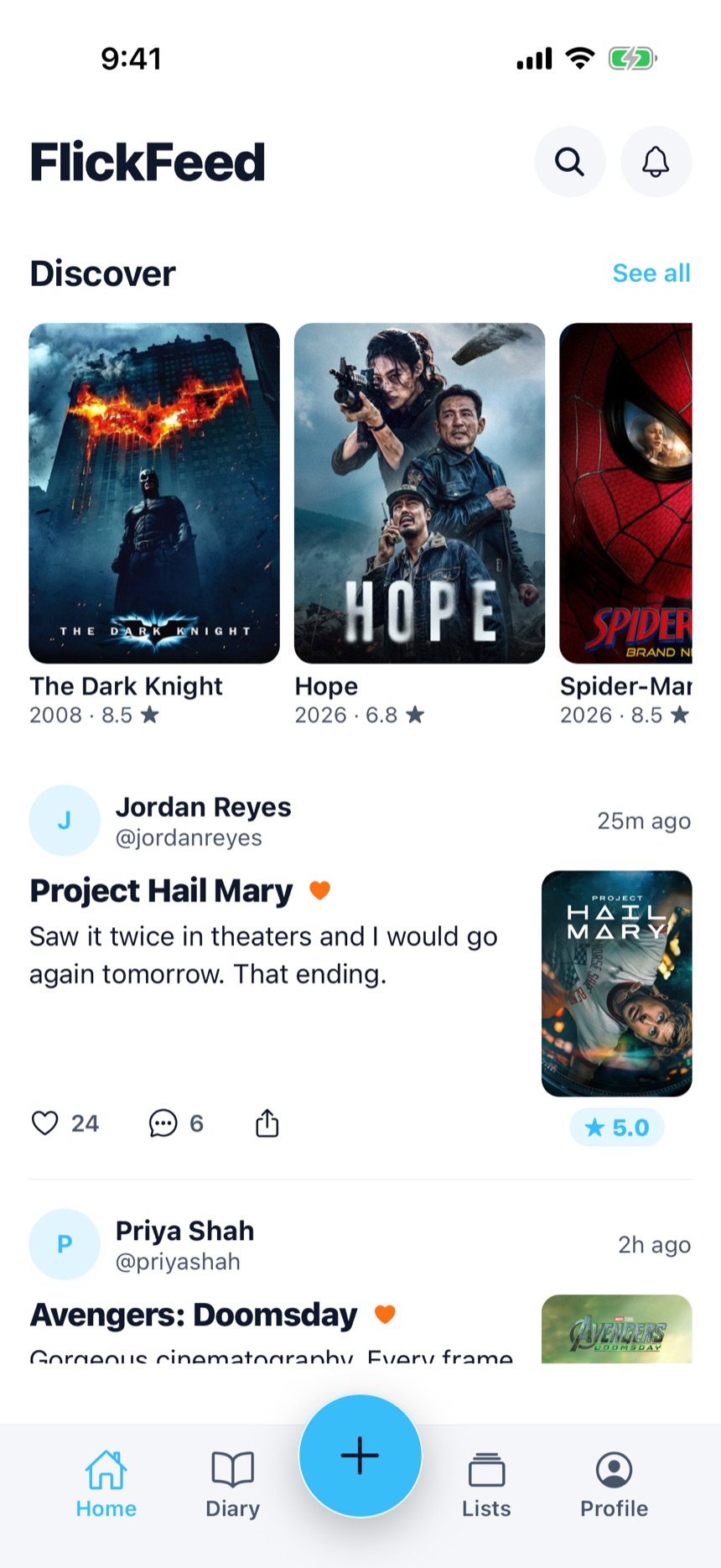 FlickFeed home feed showing friends' reviews