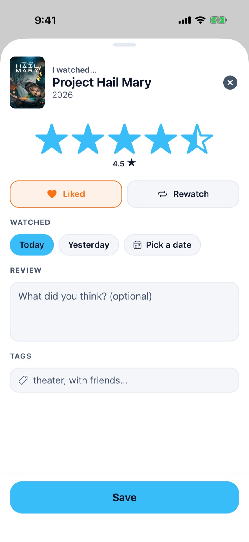 Logging: Rate, like, tag and review in seconds